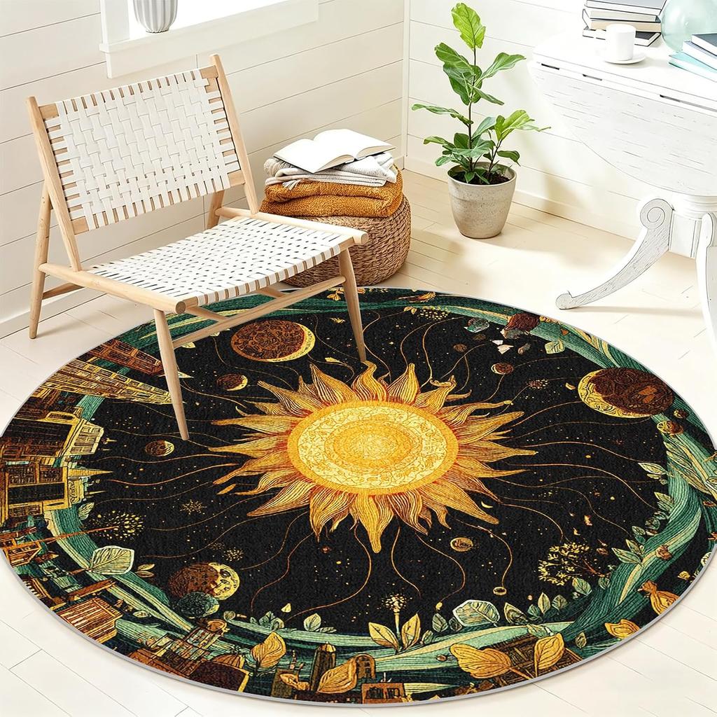 Sun Moon Round Area Rug Washable Non Slip Rug for Living Room Bedroom,Soft Low Pile Floral Carpet for Nursery Bedroom Dining Roo
