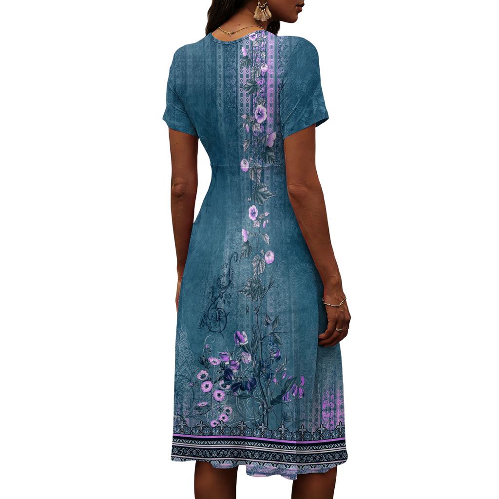 Damen-Kleid mit Blumenmuster, lässig und modisch, kurzärmelig, V-Ausschnitt