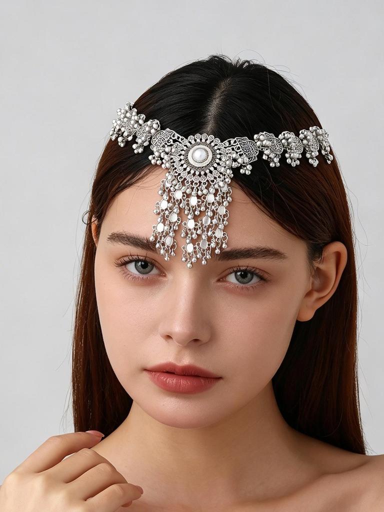 Ethnic Retro Tassel Rhinestone Forehead Chain for Indian Bride