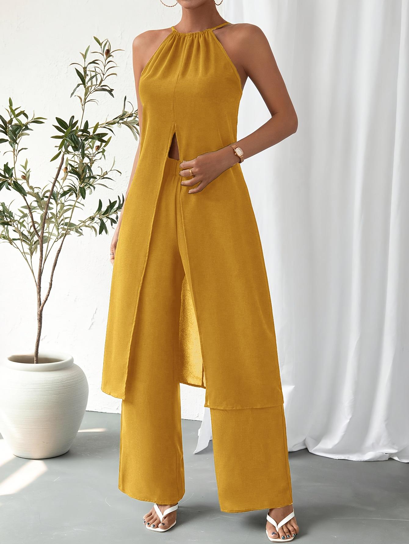 2025 Elegant Casual Solid Color Women s Camisole Two-Piece Set Extra Large жёлтый/горчичный