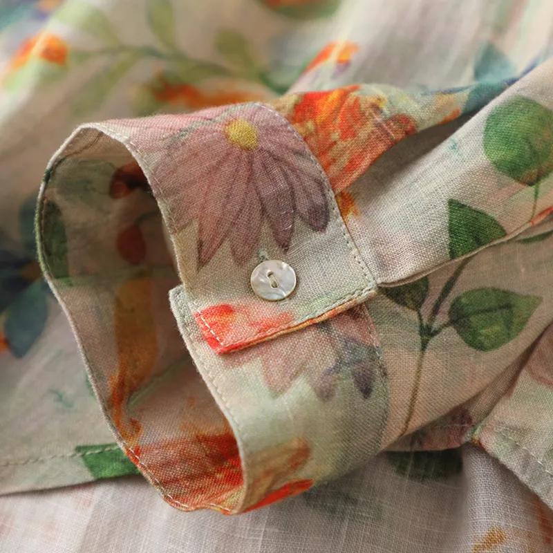 Women's Spring Linen Print Shirt Floral Vintage Causal Long-Sleeve Blouse