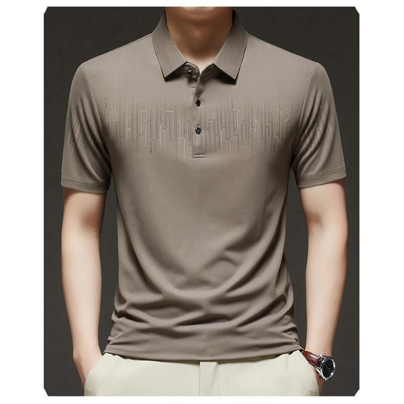 Men's Ice Silk Polo Shirt Short Sleeve Geometric Pattern Breathable Collared Top for Daily