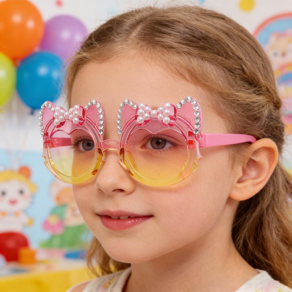 Cute Funny Cat Ear Bow Kids Sunglasses Pearl Rhinestone UV Protection Toddler Girl Gradient Lens Shades Birthday Gift KJ245