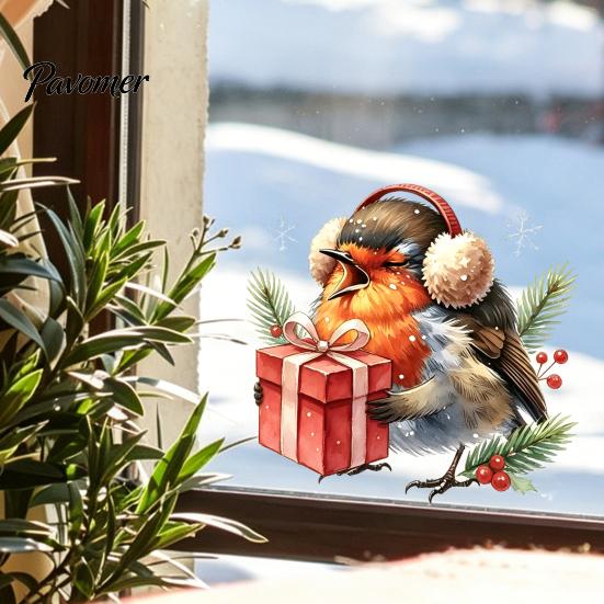 Waterproof PVC Glass Film Christmas Bird Static Window Clings, Decals with Santa Hat And Decorative Stickers for Home Gift Box, Removable Holiday Door