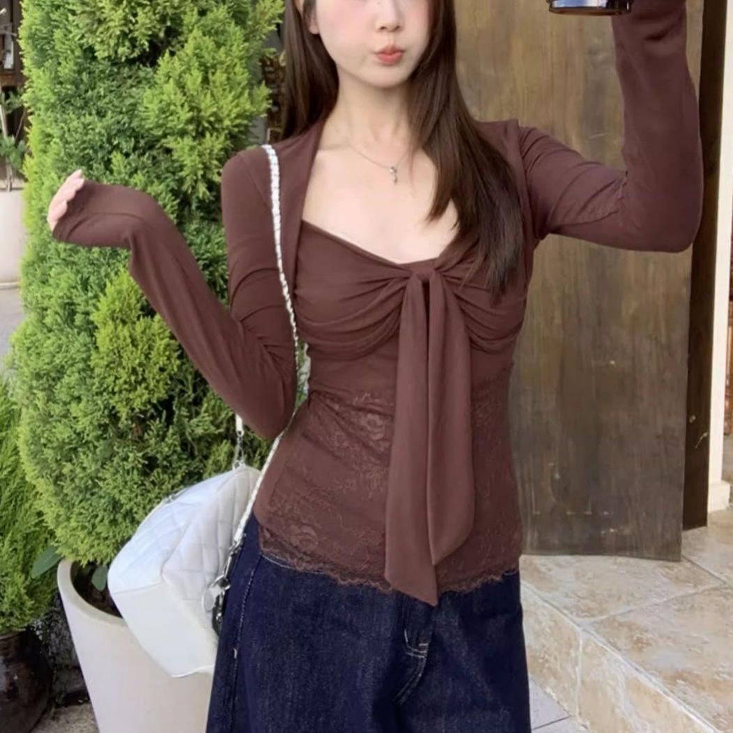 Spring & Autumn Women s Sexy Slim Fit Lace Patchwork Square Neck Long Sleeve T-shirt S коричневый