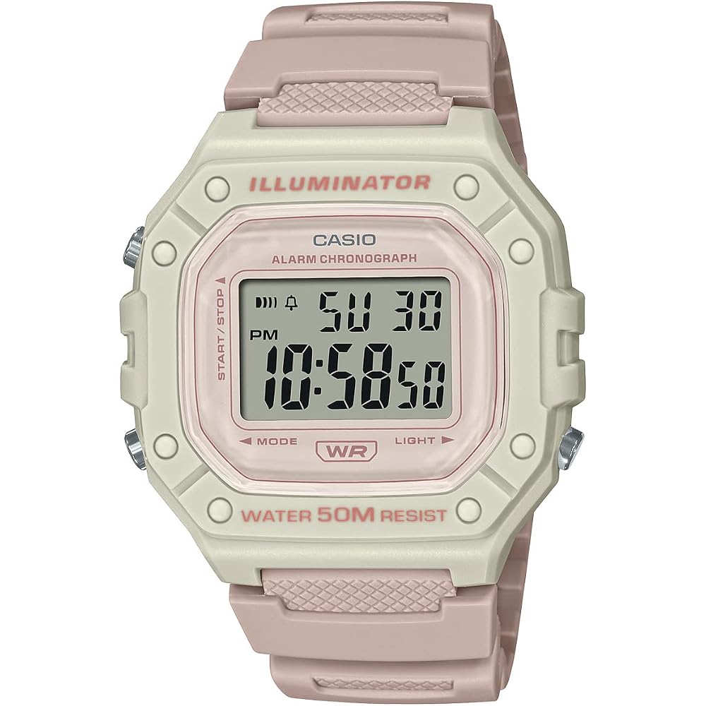 CASIO W-218HC Slim, Lightweight, Waterproof Square Digital Watch for Men, Women, and Kids (Pink Beige/Ivory)