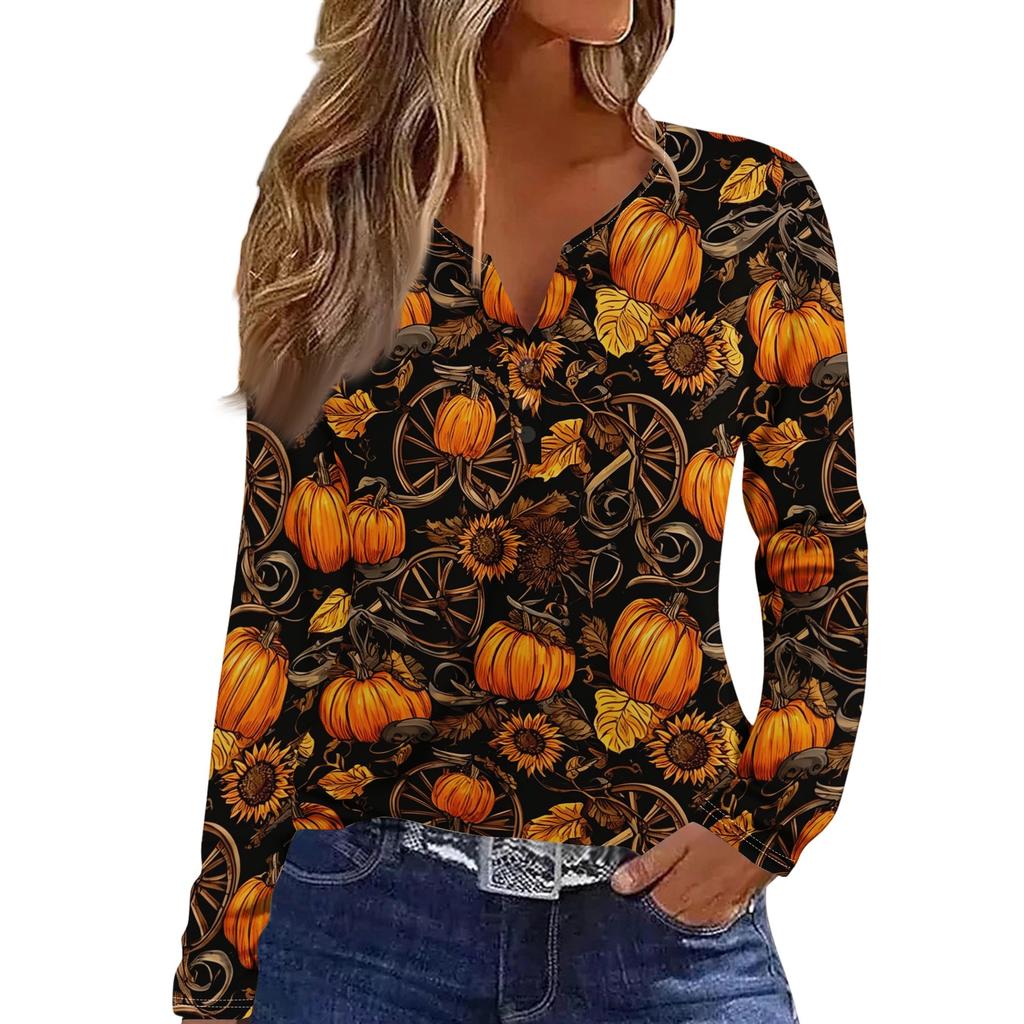 Women's Fashion Casual Halloween Printed V-Neck Button Trim Long Sleeve T-Shirt Top