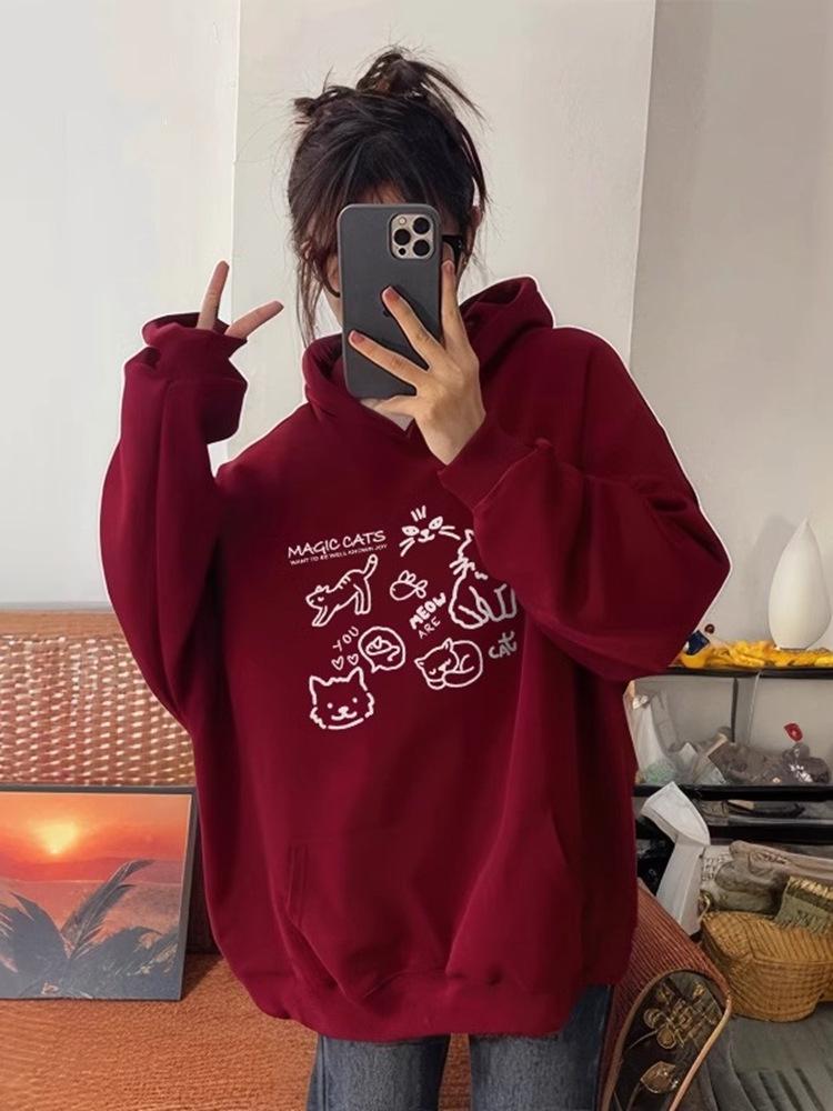 Women's American-Style Thickened Hoodie, Autumn/Winter 2024, Plus Velvet Heavyweight, Loose Fit, Lazy Style Outerwear