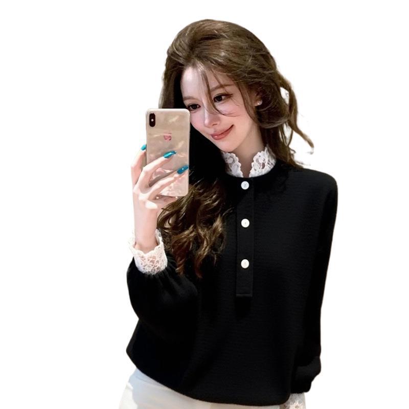 Elegant Chinese-Style Velvet Top with Black Lace Trim – Stunning Autumn/Winter Slimming Wear for Women