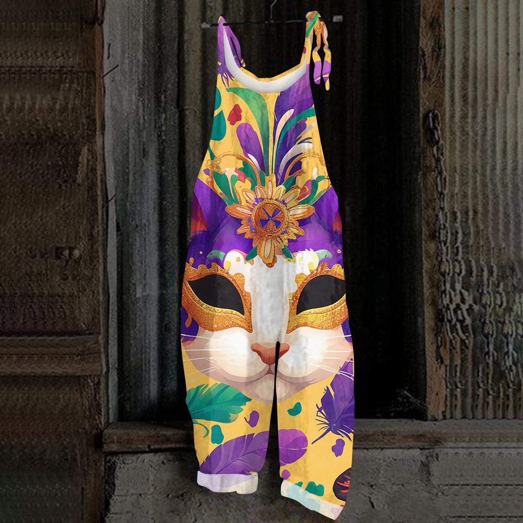 Women's Casual Jumpsuit Sleeveless Carnival Mask Print Loose Retro Overalls Jumpsuit