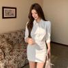 2026 Spring Pure White Seven-Sleeve Slimming Dress: Women's Commuting Shirt with Hip-Hugging Short Skirt