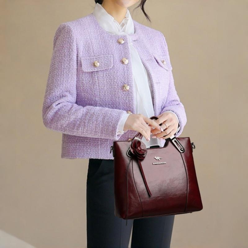 Retro PU Leather Handbags for Women Flower Decor Women's Shoulder Bag Leather Tote Bag