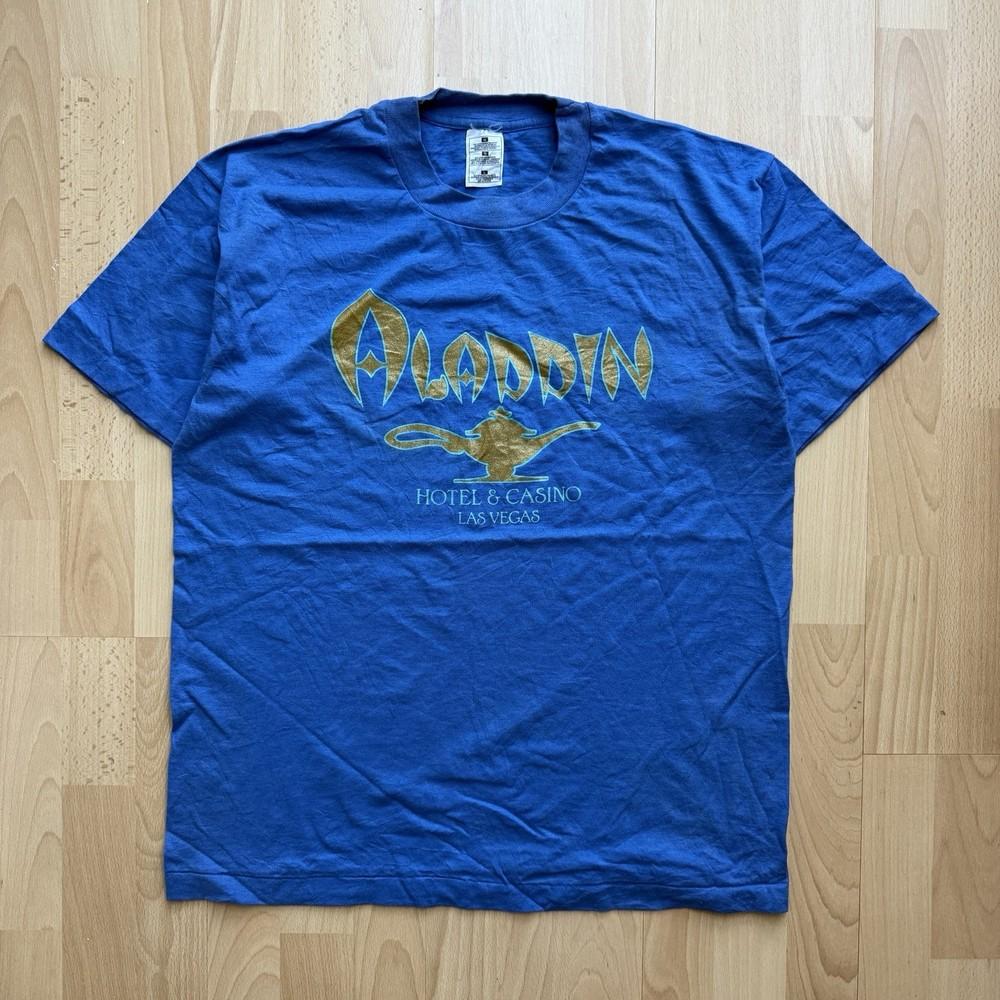 Vintage 90s Aladdin Hotel amp Casino Single Stitch Graphic Blue Promo TShirt  L Unisex T-Shirt S