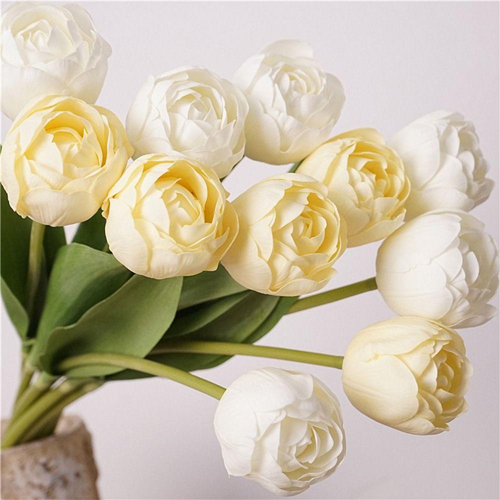 Multicolor Tulip Artificial Flower Silk Petals Green Leaf Faux Flowers Photo Props Simulation Tulip Flower Home Decoration