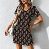Mode d'été pour femmes Robe à col en V à manches courtes avec imprimé géométrique rétro Jupe courte sexy Robes