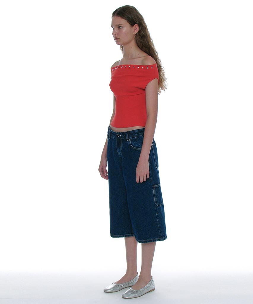 PARTIMENTO WOMEN Studded Off-Shoulder Knit Top_Red