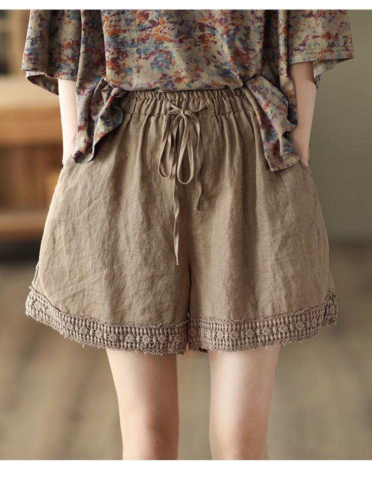 2025 Léto Retro Háčkované Bavlna Len Dámské Krajkové Šortky - Zeštíhlující Kalhoty s Rovnou Nohou pro Volný Čas