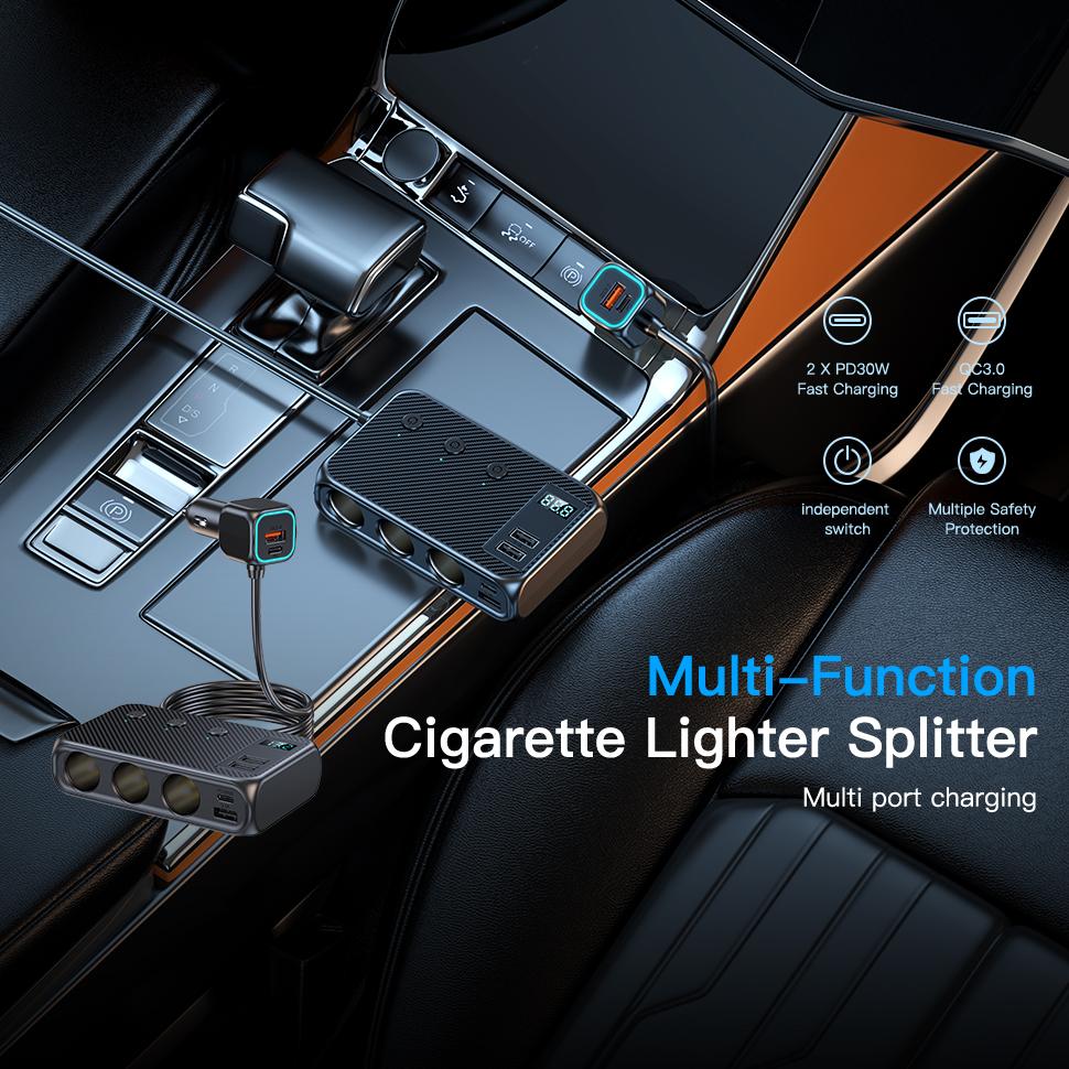 171W Car Charger Adapter 9 in 1 PD 3 Socket Cigarette Lighter Splitter Charge Independent Switches DC Cigarette Outlet