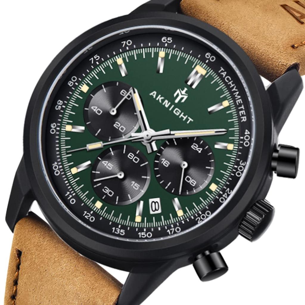 AKNIGHT Natural Leather Easy To Arm Men for Japanese Instruction Manual Men's Watch, Fashionable, Popular, Quartz, Strap, Chronograph, Crystal, See,