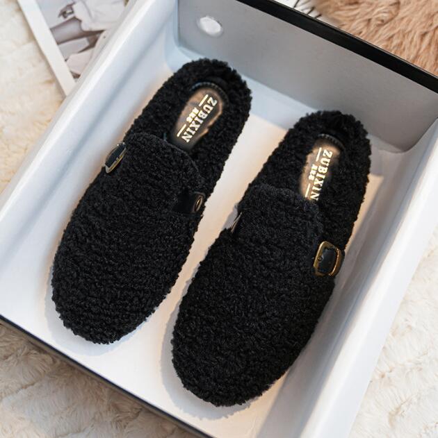 Fashion 2025 Women Belt Buckle Wool Pantuflas Shoes Flats Slip On Sheep Fur Slippers Ladies Home Slides Femmes Cotton Lambswool Mules