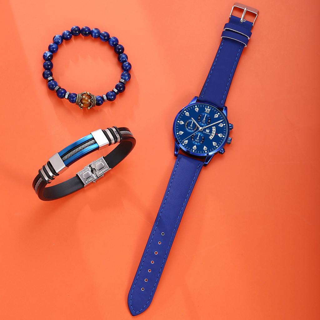 Classic Quartz Watch And Beaded Bracelet Set For Men With Decorative Elements