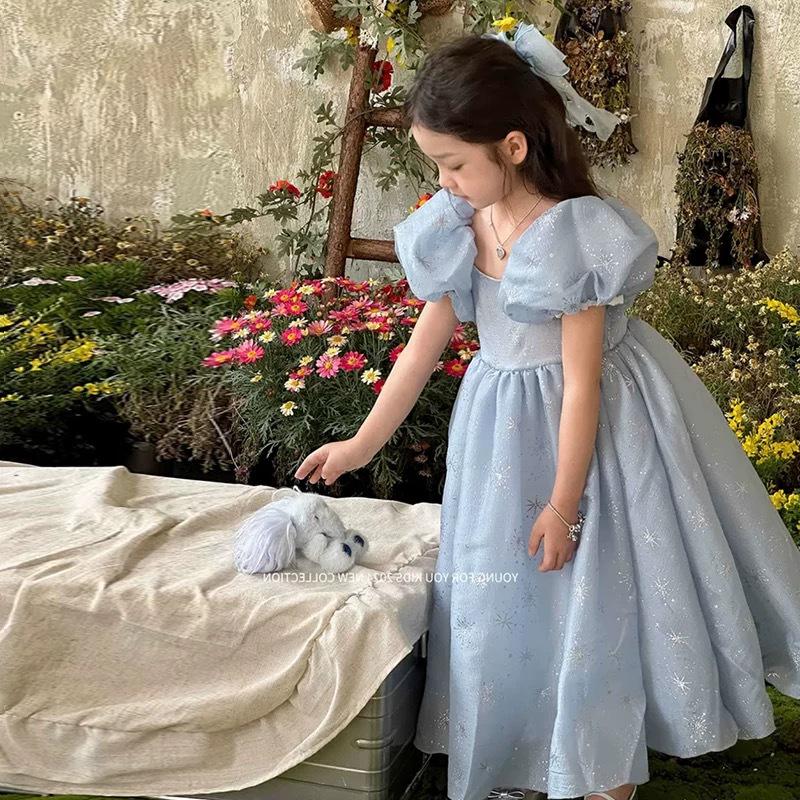 

Летнее платье-принцесса для девочек 2026 года в горошек с жемчужным блеском и пышными рукавами 90 cm