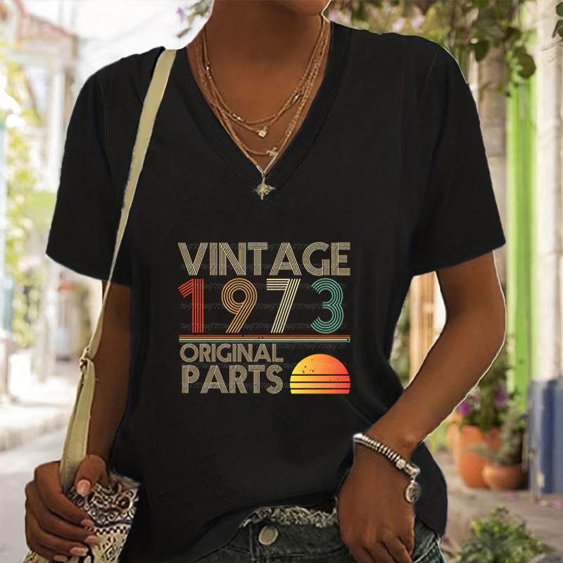 Vintage 1975 T-Shirts V-Ausschnitt Druck Vintage 1970 bis 1979 Originalteile Sonnen-Grafik Y2k Mode Kurzarm Geburtstag T-Shirt