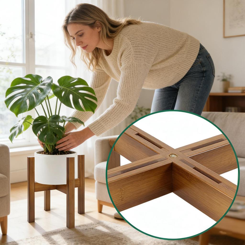 Indoor Natural Bamboo Plant Rack Adjustable Width Wood Holder Rack Corner Plant Stand Fits 8 To 12 Inch Wide Planter Pots
