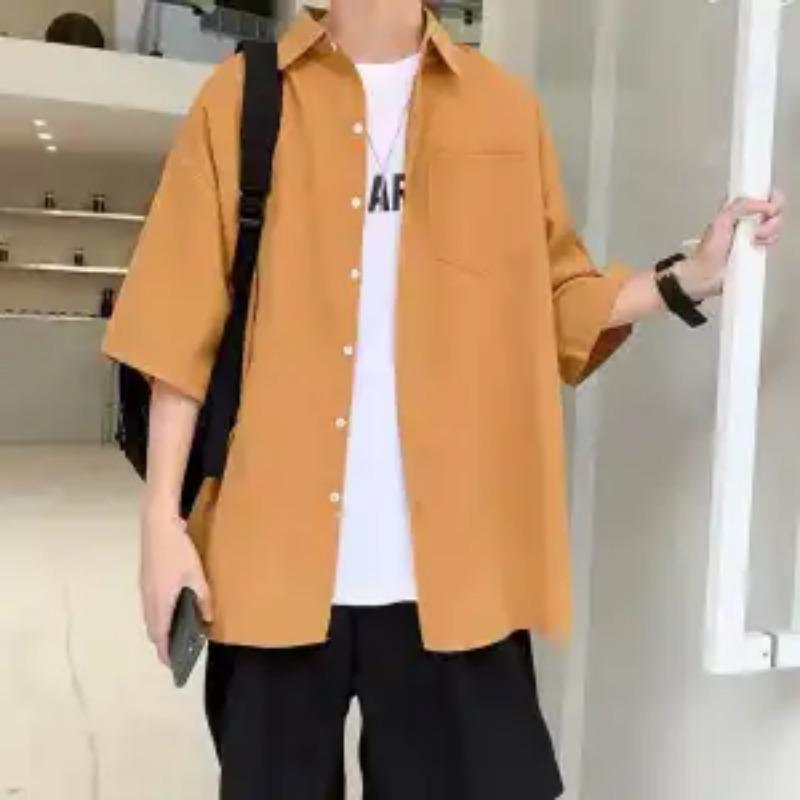 Simplicity Handsome Turn-down Collar Solid Shirts Loose Short Sleeve Button Business Casual Young Style Fashion Men's Clothing