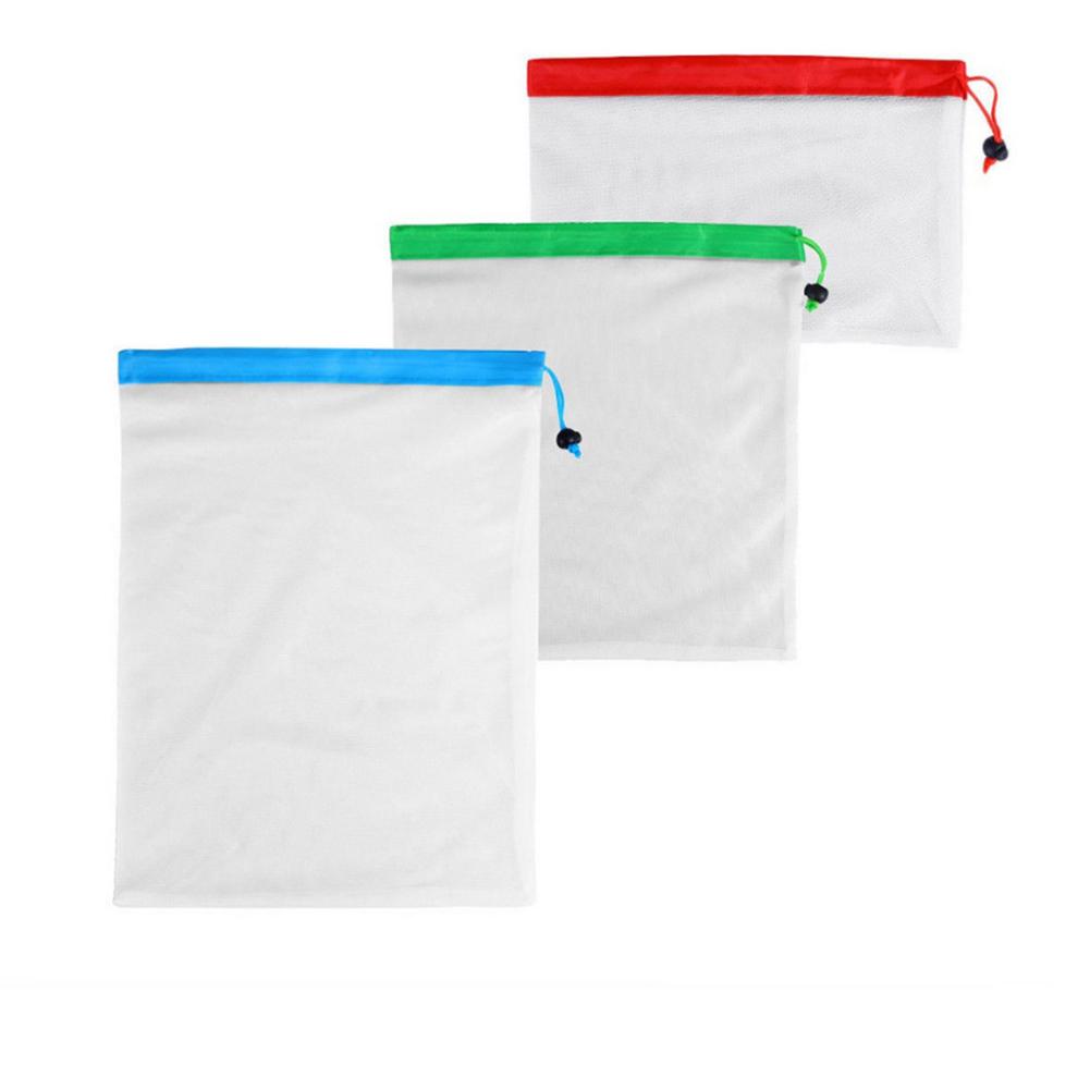 Reusable Food Bag with Drawing String Polyester Mesh Splicing Fruit Vegetable Pouch