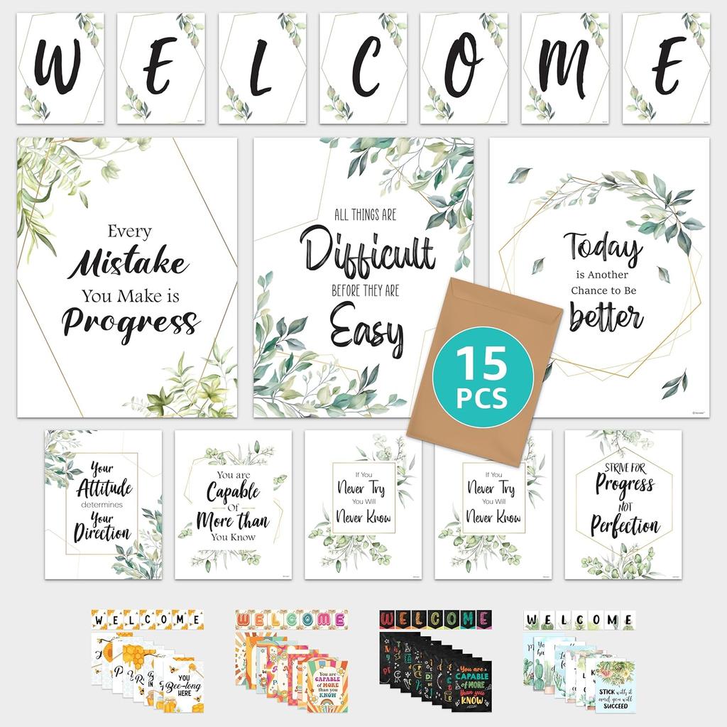 Decorably 15 Chalkboard Welcome Back to School Bulletin Board Decorations, pirational, Matte-Laminated Posters - for Classroom, School Hallways