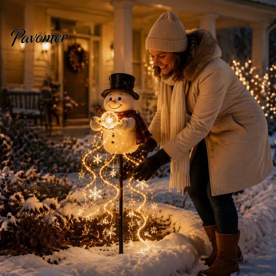 Eco Friendly Yard Lighting for Christmas Solar Snowman Garden Light with Flowing Snowflakes, LED Waterfall Winter Pathway Illumination Star,