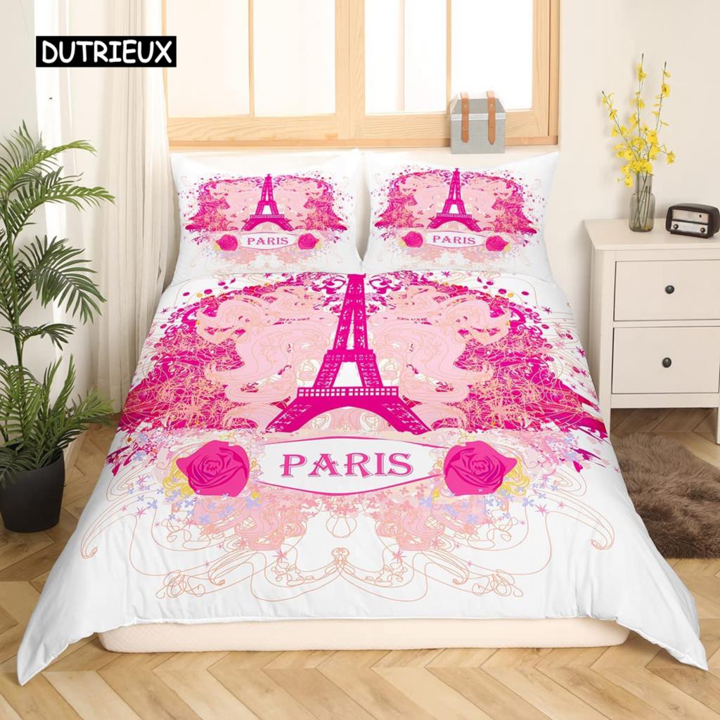 Valentine Day King Queen Duvet Cover Paris Eiffel Tower Bedding Set Pink Watercolor Tulips Flowers Balloon Polyester Quilt Cover
