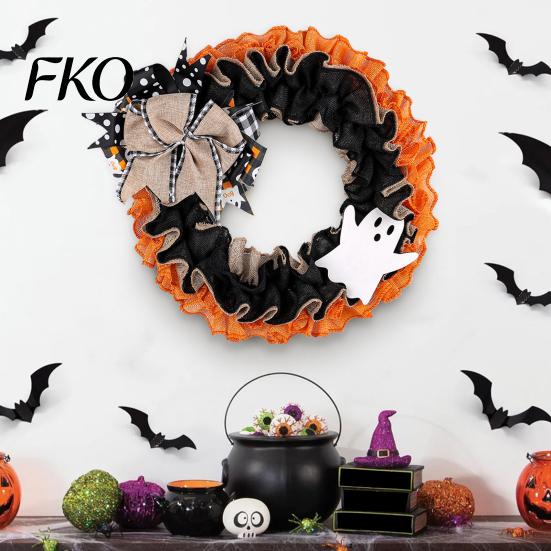 Shop Window Halloween Decor 15 Inch Wreath for Front Door, Rustic Ruffle with Party Wall Ghost And Burlap Bow Fireplace Walls Windows Gothic Indoor