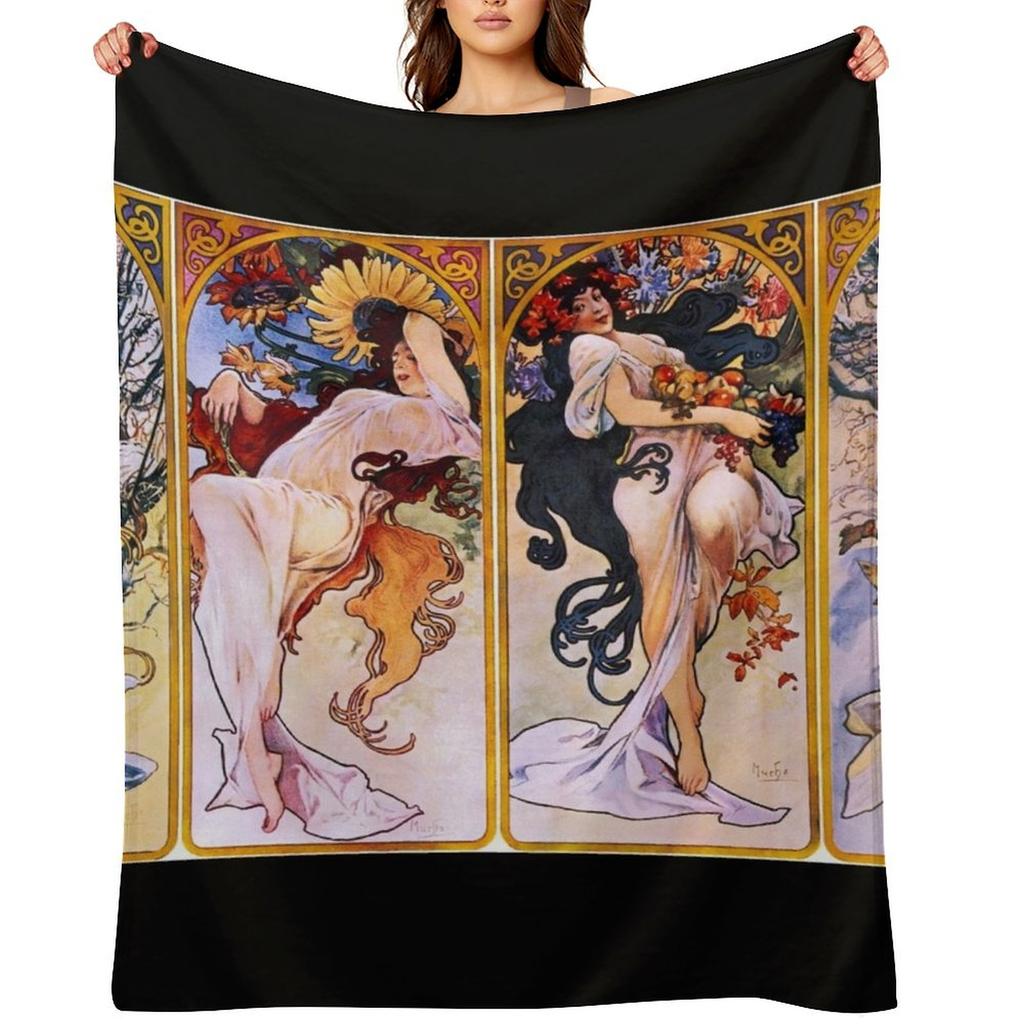 Alphonse Mucha Throw Blanket Picnic Thermal Retros Bed Blankets