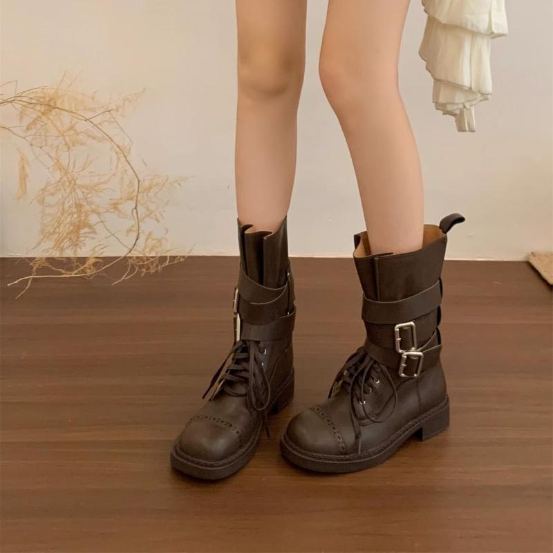 Woman Western Cowboy Boots Vintage Belt Buckle 2026 Autumn Fashion Low Heel Knight Motorcycle Boot High Quality Botas Mujer 39 коричневый 4660₽