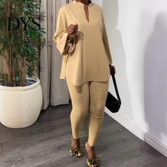 Loose T-shirt Set 2 Pcs/Set Women Top Pants Stand Collar Long Sleeve Split Hem Fall Clothing Blouse Elastic Waist Slim Fit Trousers Daily Wear Outfit