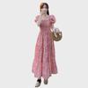 2025 Summer Sweet Floral Pleated Midi Dress - French Gentle Style, Slimming Waist, Mid-Length