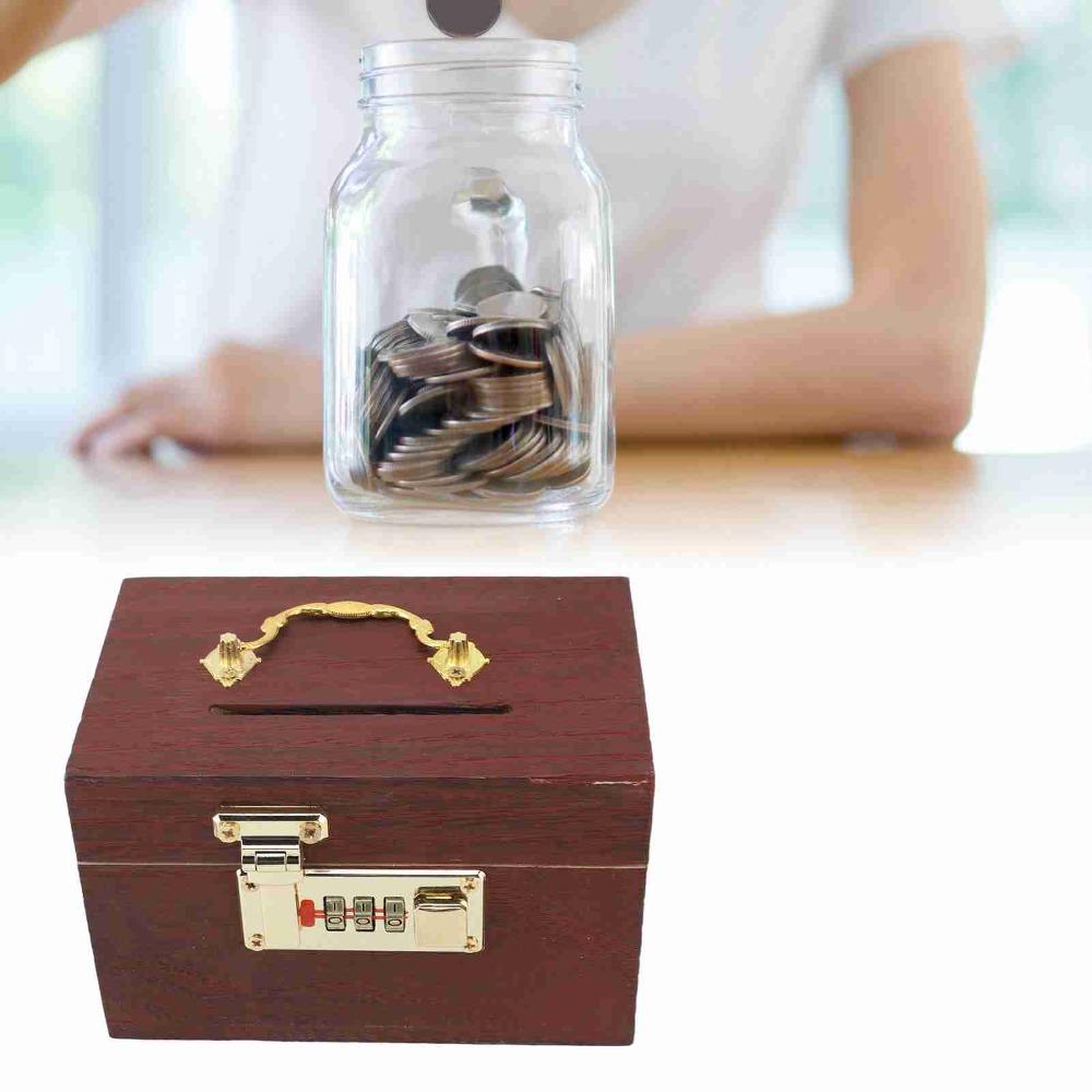 Password Lock Locking Money Storage Box With Handle Security Vintage Wooden Piggy Bank Wooden Material Small Size