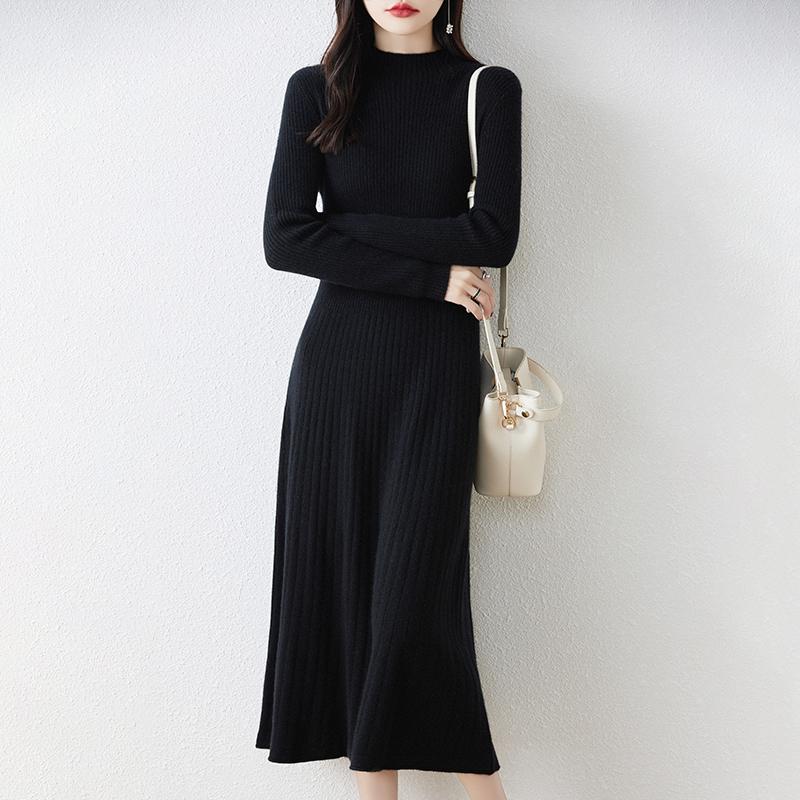 LYRIA New Women Mock Collar Dress 100% Merino Wool Pullover Skirt Autumn Winter Knitted Long Sweater Female Chic Fishtail Dress