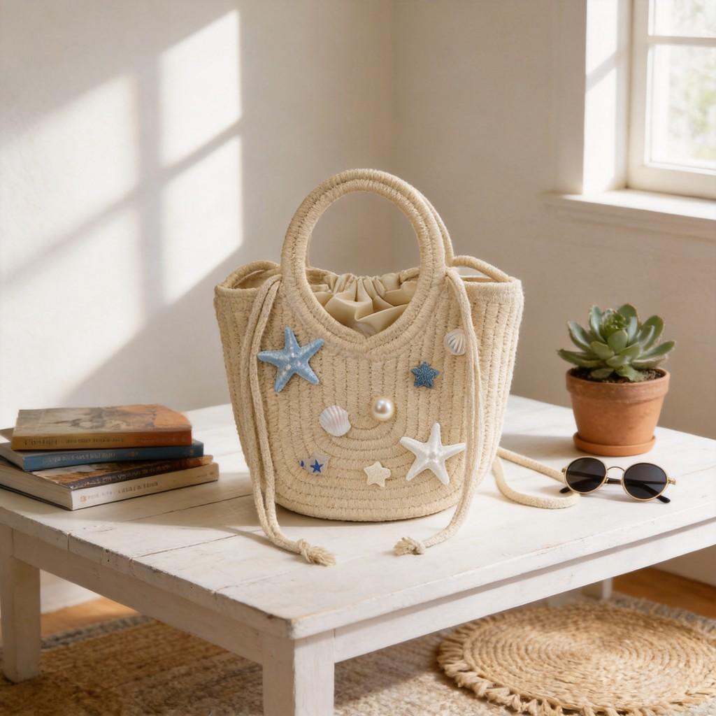 Grass Weave Handbag For Women Small Bucket Style Casual Summer Beach Accessory