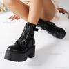 Fashion Women's Platform Goth Fashion Mid Calf Boots Punk Motorcycle Chunky High Heeled Shoes Women Leather Black Bat Buckle Ankle Botas