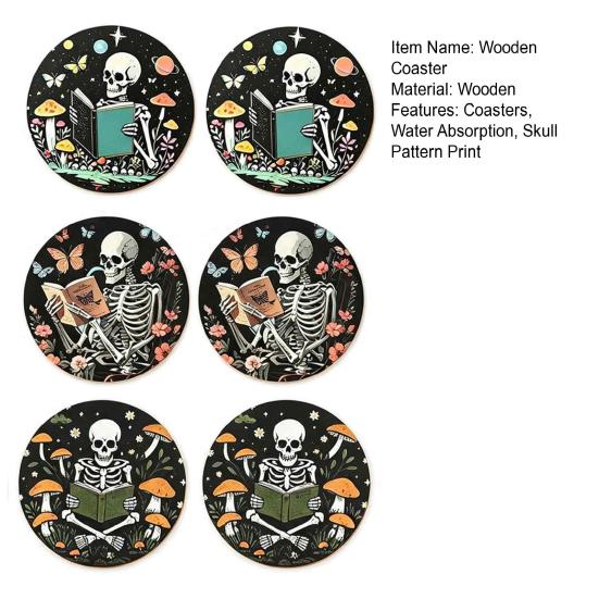 Gothic Home Accessories 6PCS Skull Pattern Wooden Coasters, Heat Insulation Moisture Absorption Drink Table Protection Mats Retro Decorative