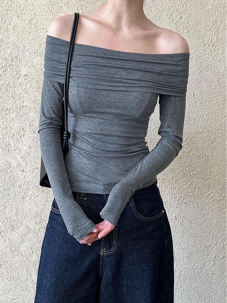 Luxi Pure Desire Hot Girl Off-Shoulder Slim-Fit Long-Sleeved T-Shirt