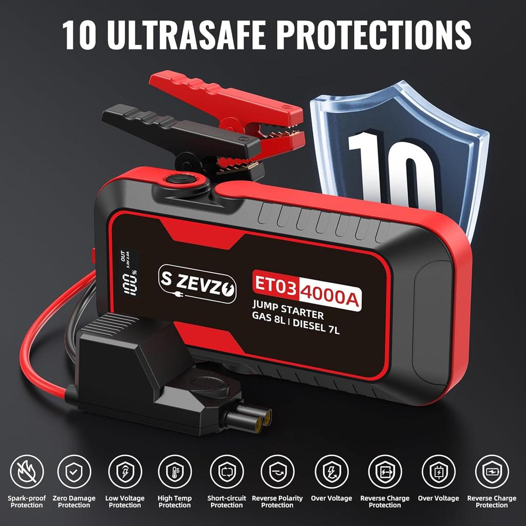 ET03 4000A Car Jump Starter 12V Battery Pack for 8.0L Gas/7.0L Diesel, 74Wh with USB, LCD, LED Light, Case