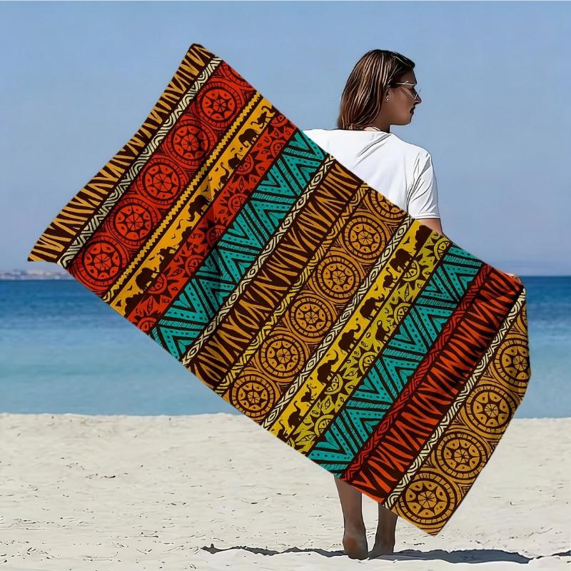 

1pc, African Tribal Style Oversized Soft Beach Towel, Geometric Totem and Elephant Print Pattern, Microfiber Bath Towel, Quick W40*H60(CM)