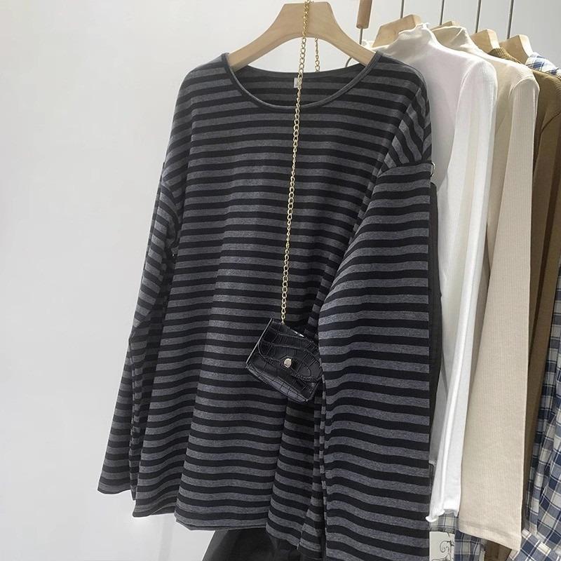 Casual Lazy Wind Medium and Long Striped Contrasting Color Round Neck Long-sleeved Shirt Women's Early Spring Simple Commuter Bottoming Shirt