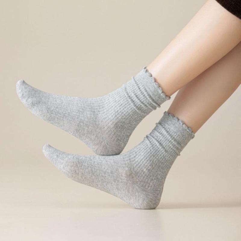 Simple Pure Cotton Boneless Black Fungus Lace Straight Mid-calf Socks for Autumn and Winter, Non-tight Loose Postpartum Socks, Pile Long Socks