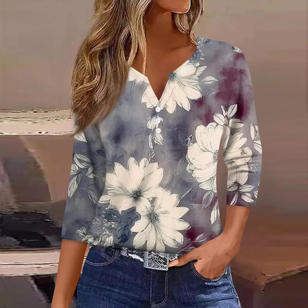 Women's Fashion Casual Floral Print V-Neck Decorative Button Three-quarter Sleeve T-Shirt Top