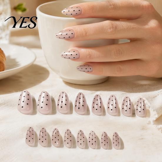 Black Dot Fake Nails 24Pcs Polka Dots Press on Nails, Long Almond Stick-on On Glossy Full Cover Glue False for Women Girls Comfortable